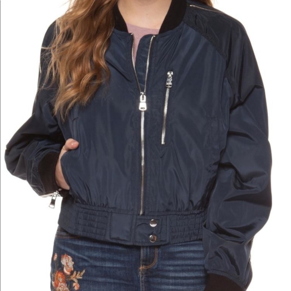 DEX, Bomber style jacket, with zipper detail down arms, unique vibe.. Size M